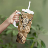 Buffalo Skull Native American Tumbler With Handle Tribal Symbols and Mountain Scene Great Herd and Plains Guardians - Wonder Print Shop