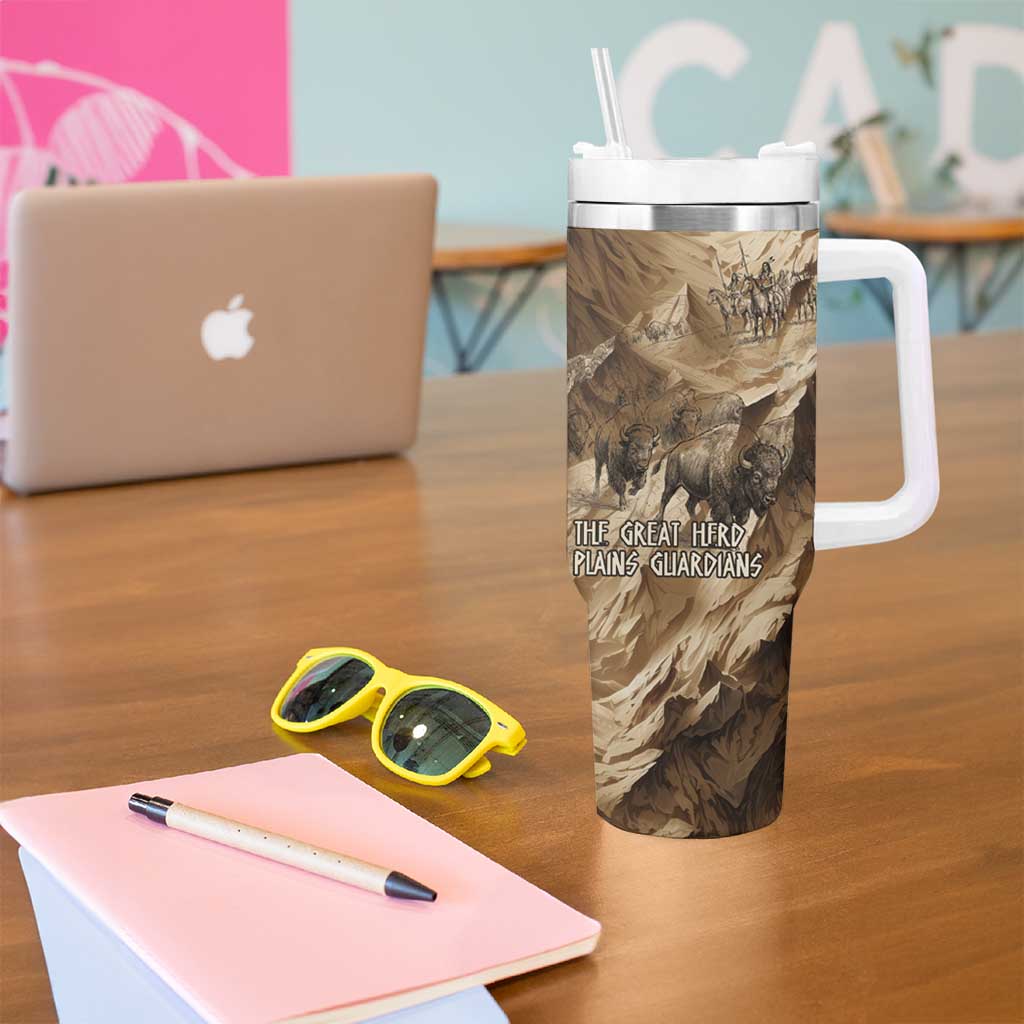 Buffalo Skull Native American Tumbler With Handle Tribal Symbols and Mountain Scene Great Herd and Plains Guardians - Wonder Print Shop