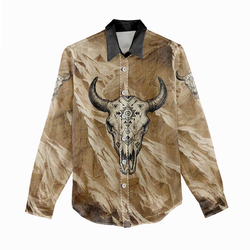 Buffalo Skull Native American Women Casual Shirt Tribal Symbols and Mountain Scene Great Herd and Plains Guardians - Wonder Print Shop