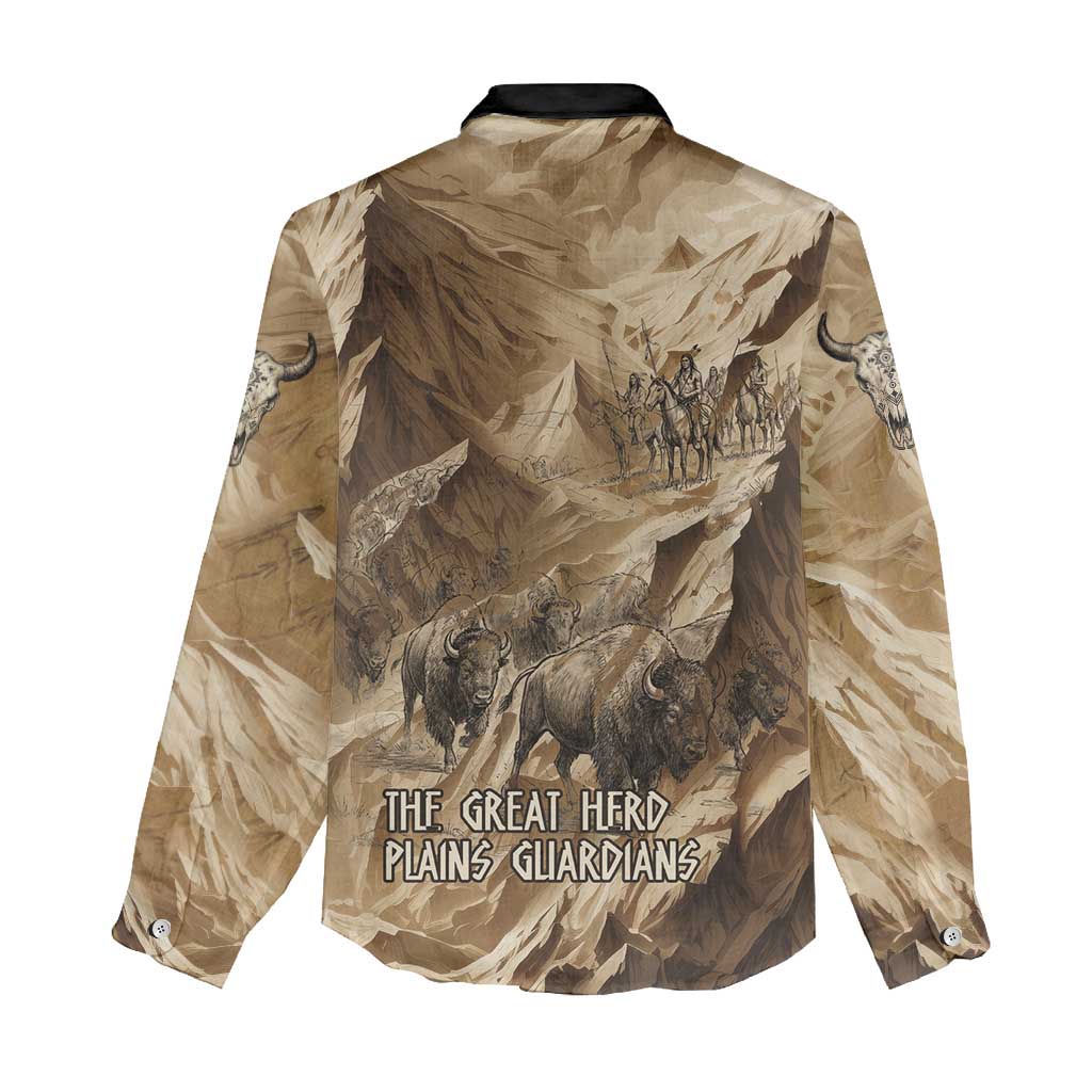 Buffalo Skull Native American Women Casual Shirt Tribal Symbols and Mountain Scene Great Herd and Plains Guardians - Wonder Print Shop