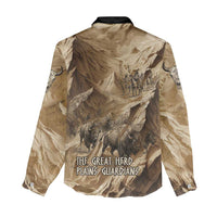 Buffalo Skull Native American Women Casual Shirt Tribal Symbols and Mountain Scene Great Herd and Plains Guardians - Wonder Print Shop