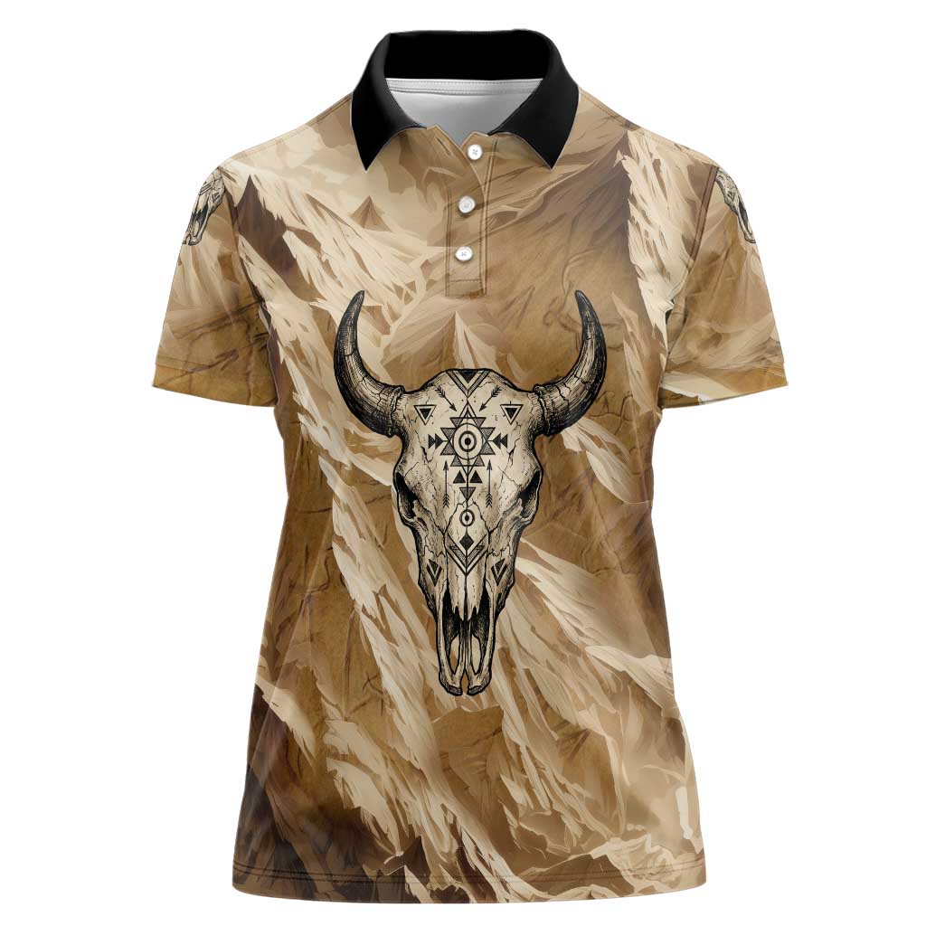 Buffalo Skull Native American Women Polo Shirt Tribal Symbols and Mountain Scene Great Herd and Plains Guardians - Wonder Print Shop