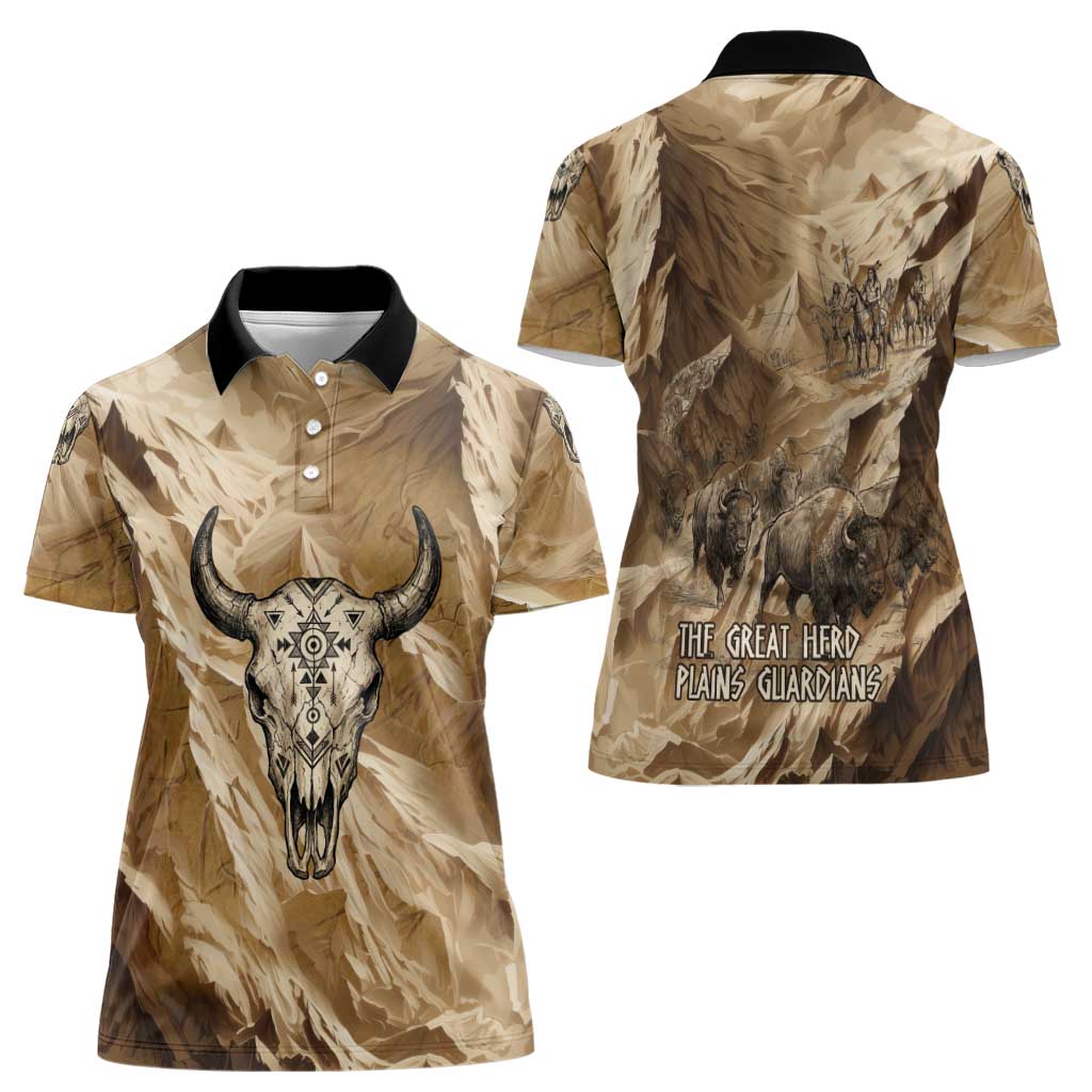 Buffalo Skull Native American Women Polo Shirt Tribal Symbols and Mountain Scene Great Herd and Plains Guardians - Wonder Print Shop