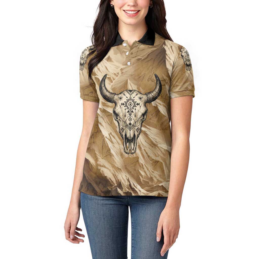 Buffalo Skull Native American Women Polo Shirt Tribal Symbols and Mountain Scene Great Herd and Plains Guardians - Wonder Print Shop