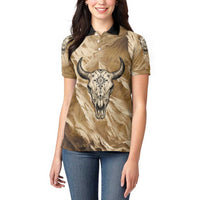 Buffalo Skull Native American Women Polo Shirt Tribal Symbols and Mountain Scene Great Herd and Plains Guardians - Wonder Print Shop