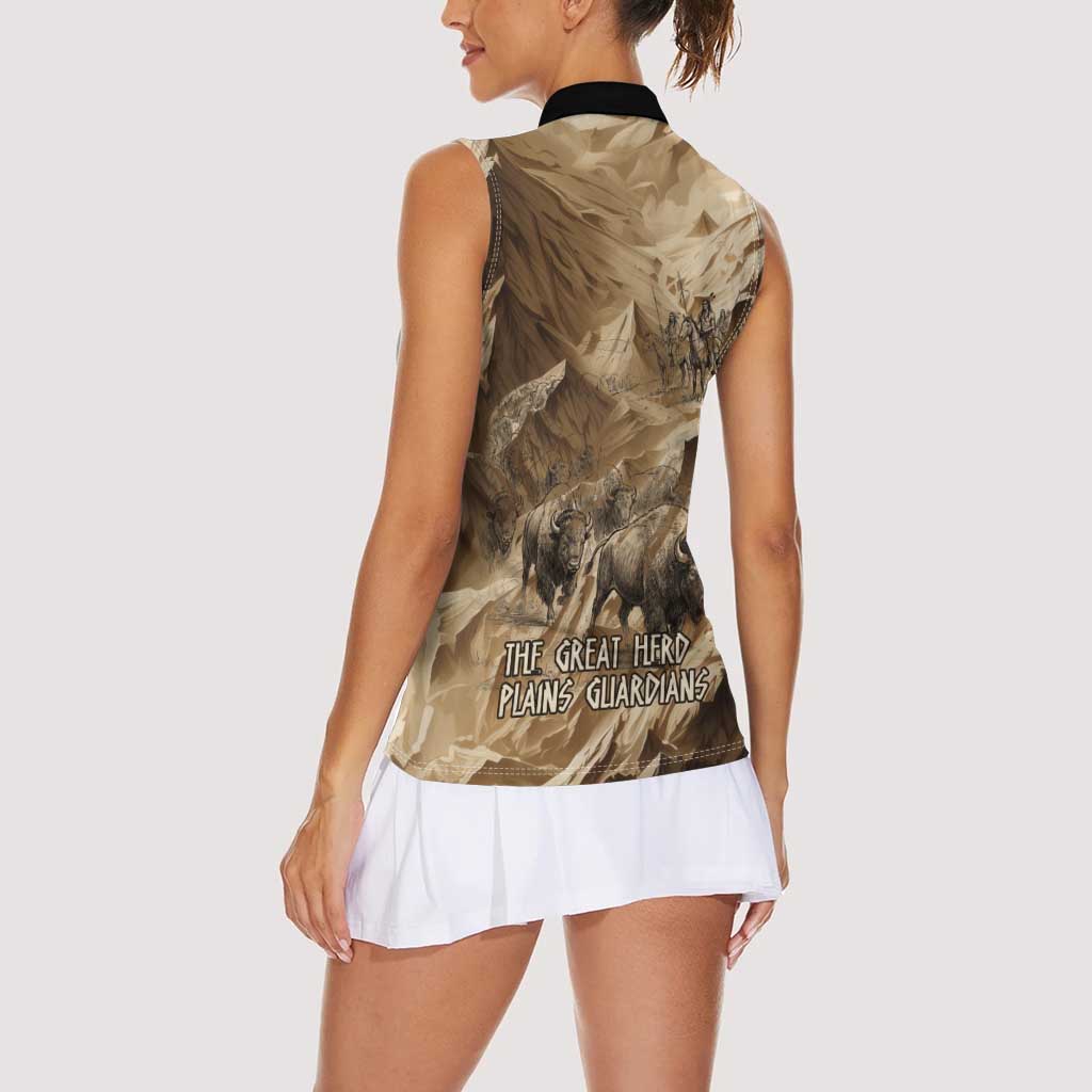 Buffalo Skull Native American Women Sleeveless Polo Shirt Tribal Symbols and Mountain Scene Great Herd and Plains Guardians - Wonder Print Shop