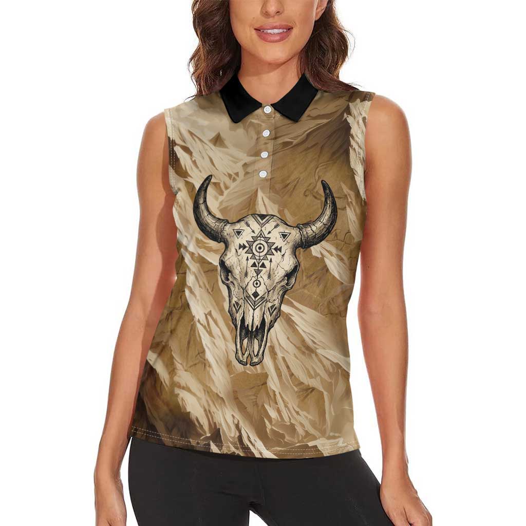 Buffalo Skull Native American Women Sleeveless Polo Shirt Tribal Symbols and Mountain Scene Great Herd and Plains Guardians - Wonder Print Shop