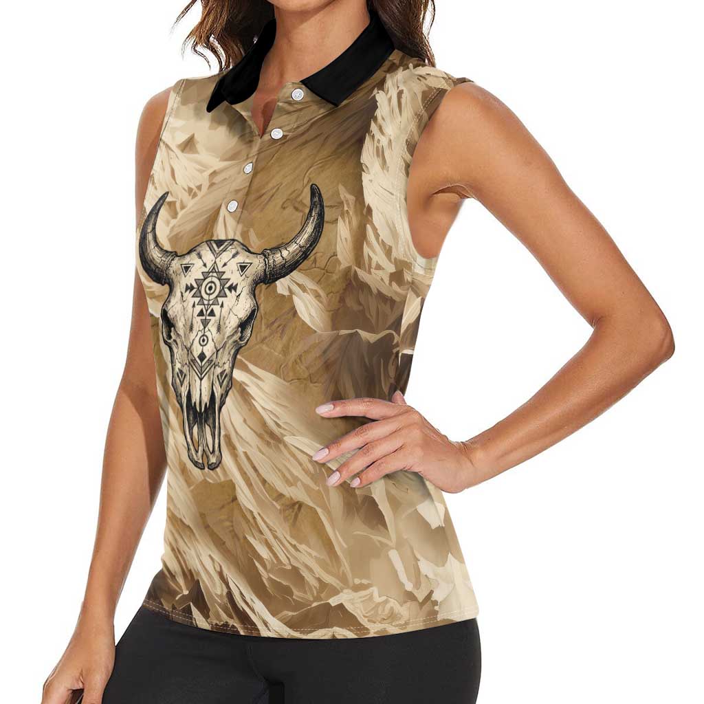 Buffalo Skull Native American Women Sleeveless Polo Shirt Tribal Symbols and Mountain Scene Great Herd and Plains Guardians - Wonder Print Shop