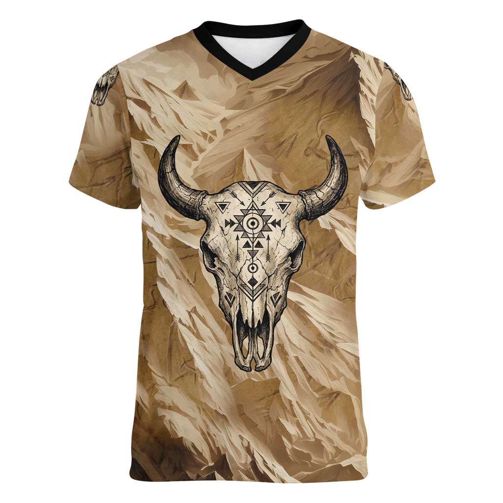 Buffalo Skull Native American Women V-Neck T-Shirt Tribal Symbols and Mountain Scene Great Herd and Plains Guardians - Wonder Print Shop