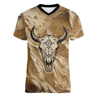 Buffalo Skull Native American Women V-Neck T-Shirt Tribal Symbols and Mountain Scene Great Herd and Plains Guardians - Wonder Print Shop