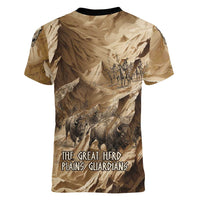 Buffalo Skull Native American Women V-Neck T-Shirt Tribal Symbols and Mountain Scene Great Herd and Plains Guardians - Wonder Print Shop