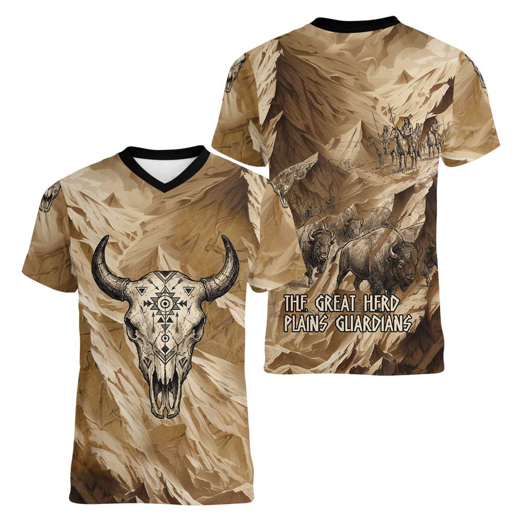 Buffalo Skull Native American Women V-Neck T-Shirt Tribal Symbols and Mountain Scene Great Herd and Plains Guardians - Wonder Print Shop