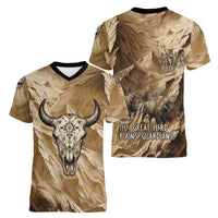 Buffalo Skull Native American Women V-Neck T-Shirt Tribal Symbols and Mountain Scene Great Herd and Plains Guardians - Wonder Print Shop