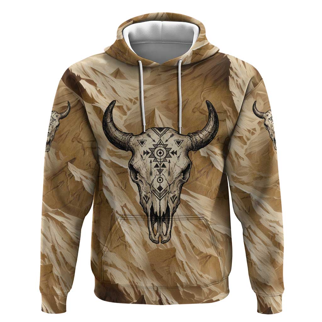 Buffalo Skull Native American Zip Hoodie Tribal Symbols and Mountain Scene Great Herd and Plains Guardians - Wonder Print Shop