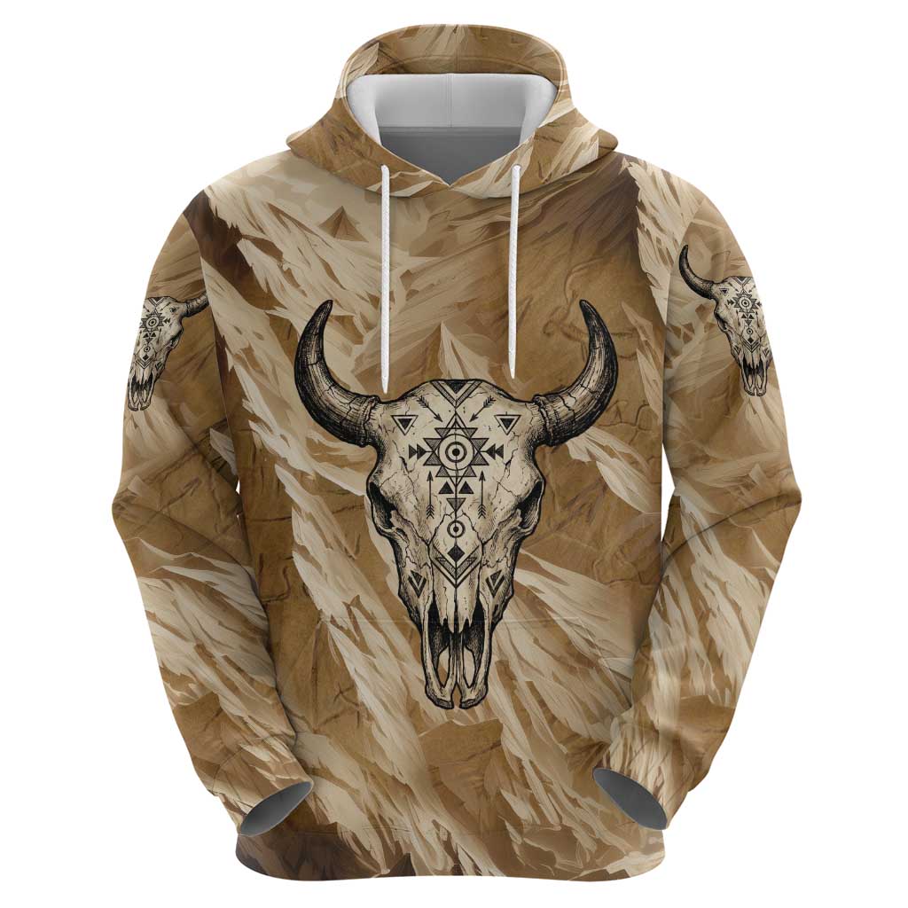 Buffalo Skull Native American Zip Hoodie Tribal Symbols and Mountain Scene Great Herd and Plains Guardians - Wonder Print Shop