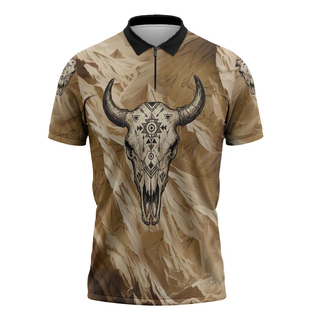 Buffalo Skull Native American Zipper Polo Shirt Tribal Symbols and Mountain Scene Great Herd and Plains Guardians - Wonder Print Shop