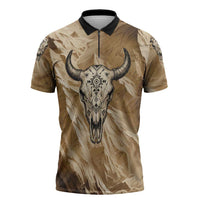 Buffalo Skull Native American Zipper Polo Shirt Tribal Symbols and Mountain Scene Great Herd and Plains Guardians - Wonder Print Shop