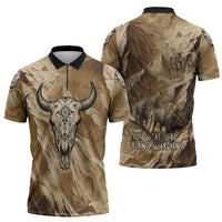 Buffalo Skull Native American Zipper Polo Shirt Tribal Symbols and Mountain Scene Great Herd and Plains Guardians - Wonder Print Shop