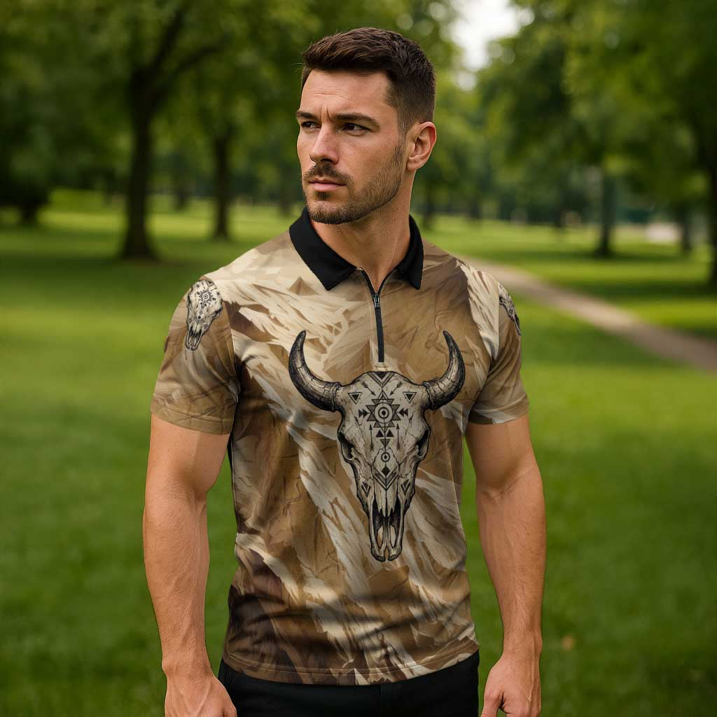 Buffalo Skull Native American Zipper Polo Shirt Tribal Symbols and Mountain Scene Great Herd and Plains Guardians - Wonder Print Shop