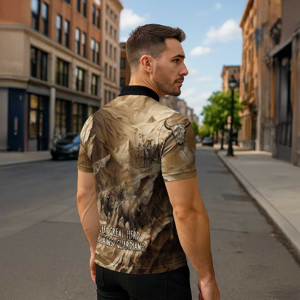 Buffalo Skull Native American Zipper Polo Shirt Tribal Symbols and Mountain Scene Great Herd and Plains Guardians - Wonder Print Shop