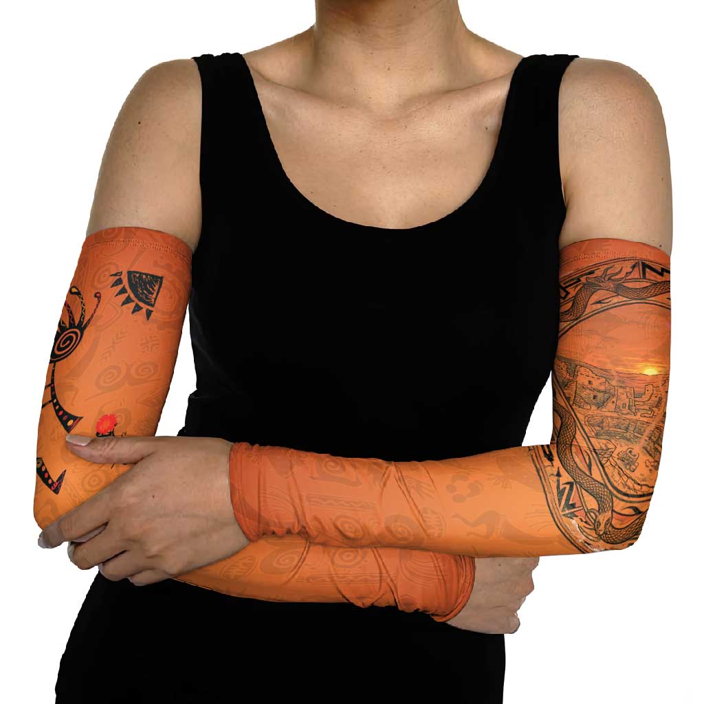 Kokopelli Tribal Arm Sleeves Native American Southwestern Petroglyph Patterns Sunset Landscape - Wonder Print Shop