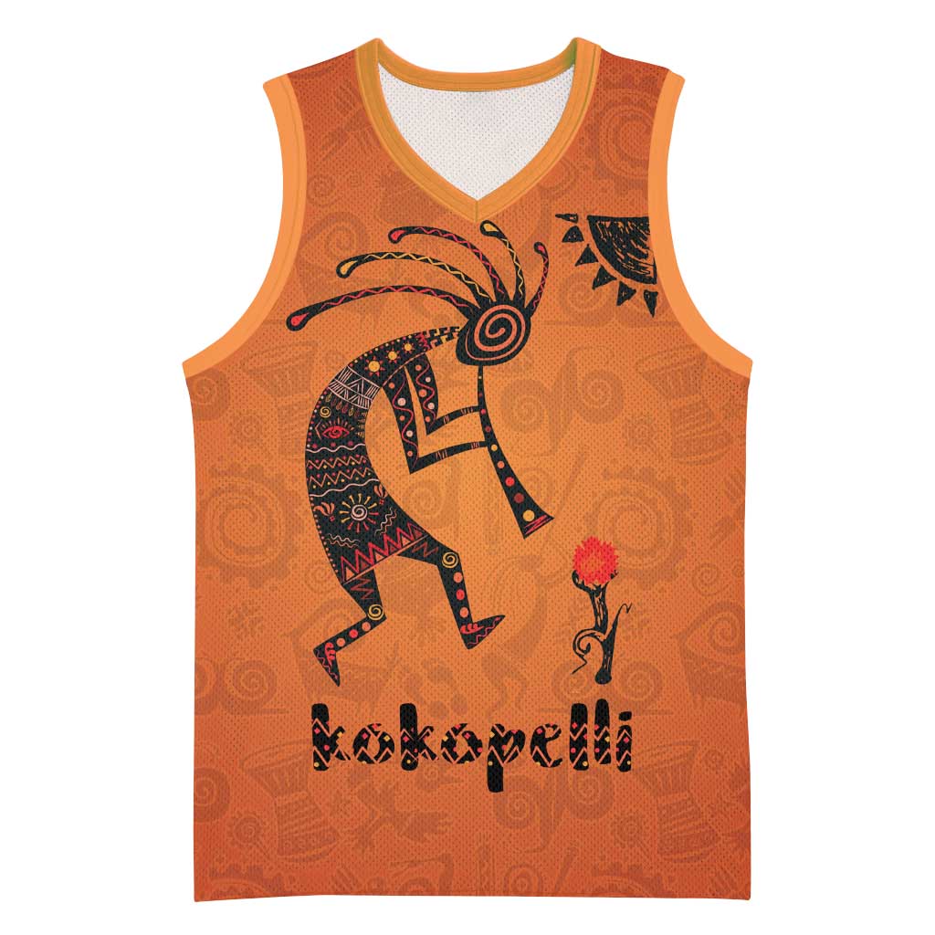 Kokopelli Tribal Basketball Jersey Native American Southwestern Petroglyph Patterns Sunset Landscape - Wonder Print Shop