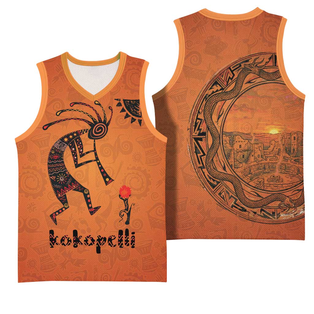 Kokopelli Tribal Basketball Jersey Native American Southwestern Petroglyph Patterns Sunset Landscape - Wonder Print Shop