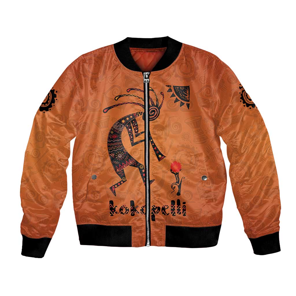 Kokopelli Tribal Bomber Jacket Native American Southwestern Petroglyph Patterns Sunset Landscape - Wonder Print Shop