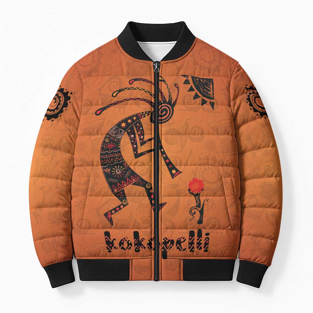Kokopelli Tribal Bomber Puffer Jacket Native American Southwestern Petroglyph Patterns Sunset Landscape - Wonder Print Shop