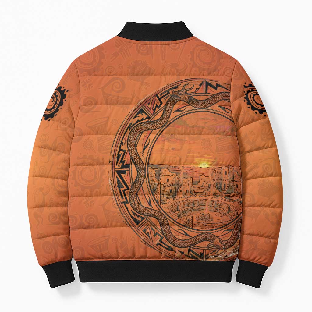 Kokopelli Tribal Bomber Puffer Jacket Native American Southwestern Petroglyph Patterns Sunset Landscape - Wonder Print Shop