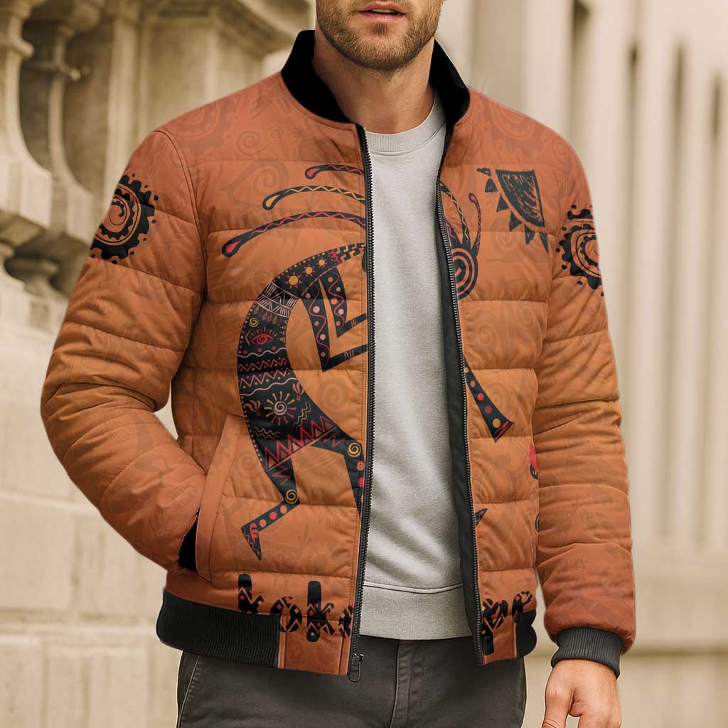 Kokopelli Tribal Bomber Puffer Jacket Native American Southwestern Petroglyph Patterns Sunset Landscape - Wonder Print Shop