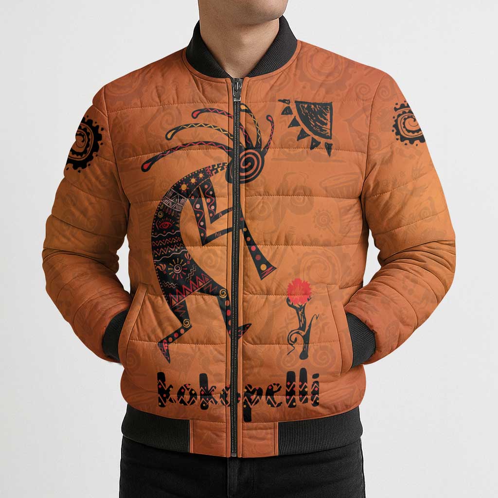 Kokopelli Tribal Bomber Puffer Jacket Native American Southwestern Petroglyph Patterns Sunset Landscape - Wonder Print Shop