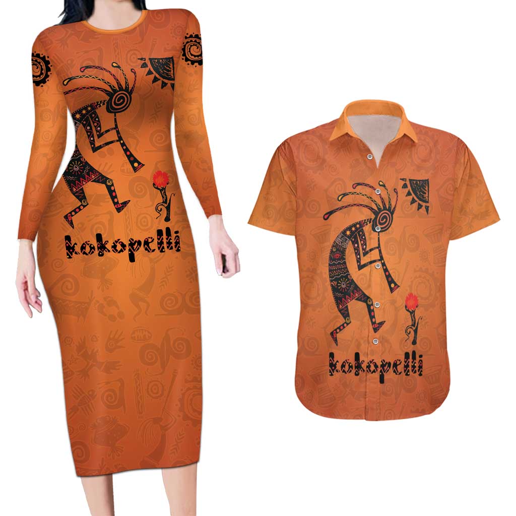Kokopelli Tribal Couples Matching Long Sleeve Bodycon Dress and Hawaiian Shirt Native American Southwestern Petroglyph Patterns Sunset Landscape - Wonder Print Shop