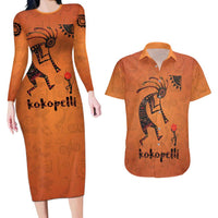 Kokopelli Tribal Couples Matching Long Sleeve Bodycon Dress and Hawaiian Shirt Native American Southwestern Petroglyph Patterns Sunset Landscape - Wonder Print Shop