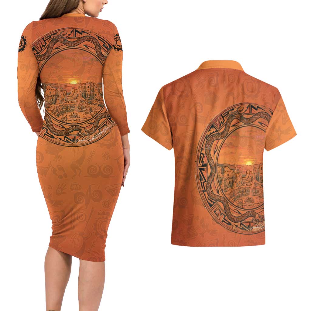 Kokopelli Tribal Couples Matching Long Sleeve Bodycon Dress and Hawaiian Shirt Native American Southwestern Petroglyph Patterns Sunset Landscape - Wonder Print Shop