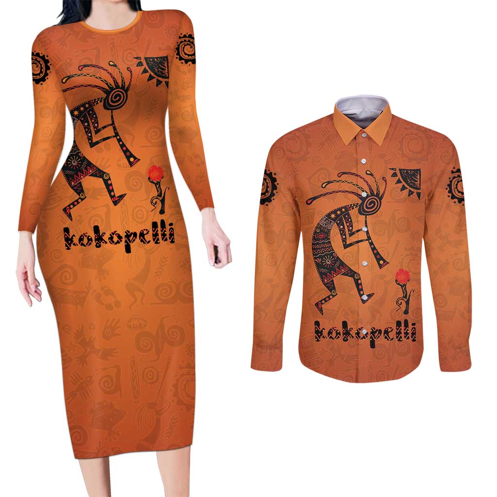 Kokopelli Tribal Couples Matching Long Sleeve Bodycon Dress and Long Sleeve Button Shirt Native American Southwestern Petroglyph Patterns Sunset Landscape - Wonder Print Shop