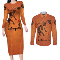 Kokopelli Tribal Couples Matching Long Sleeve Bodycon Dress and Long Sleeve Button Shirt Native American Southwestern Petroglyph Patterns Sunset Landscape - Wonder Print Shop