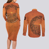Kokopelli Tribal Couples Matching Long Sleeve Bodycon Dress and Long Sleeve Button Shirt Native American Southwestern Petroglyph Patterns Sunset Landscape - Wonder Print Shop