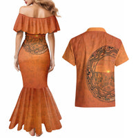 Kokopelli Tribal Couples Matching Mermaid Dress and Hawaiian Shirt Native American Southwestern Petroglyph Patterns Sunset Landscape - Wonder Print Shop