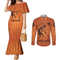 Kokopelli Tribal Couples Matching Mermaid Dress and Long Sleeve Button Shirt Native American Southwestern Petroglyph Patterns Sunset Landscape - Wonder Print Shop