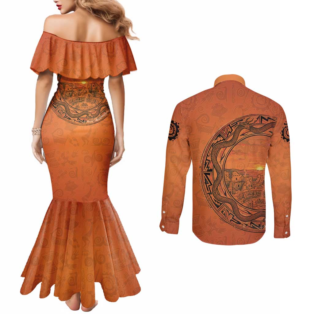Kokopelli Tribal Couples Matching Mermaid Dress and Long Sleeve Button Shirt Native American Southwestern Petroglyph Patterns Sunset Landscape - Wonder Print Shop
