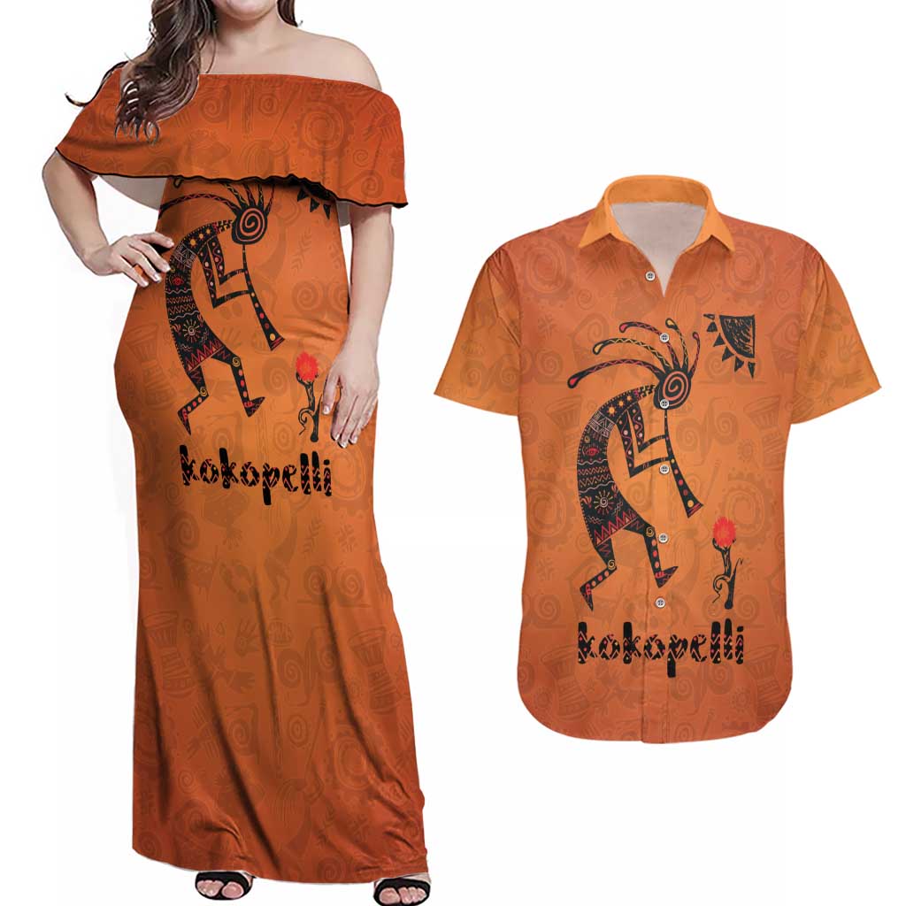 Kokopelli Tribal Couples Matching Off Shoulder Maxi Dress and Hawaiian Shirt Native American Southwestern Petroglyph Patterns Sunset Landscape - Wonder Print Shop