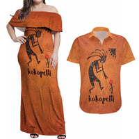 Kokopelli Tribal Couples Matching Off Shoulder Maxi Dress and Hawaiian Shirt Native American Southwestern Petroglyph Patterns Sunset Landscape - Wonder Print Shop