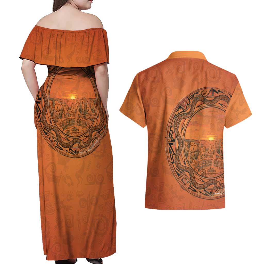 Kokopelli Tribal Couples Matching Off Shoulder Maxi Dress and Hawaiian Shirt Native American Southwestern Petroglyph Patterns Sunset Landscape - Wonder Print Shop