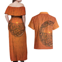 Kokopelli Tribal Couples Matching Off Shoulder Maxi Dress and Hawaiian Shirt Native American Southwestern Petroglyph Patterns Sunset Landscape - Wonder Print Shop