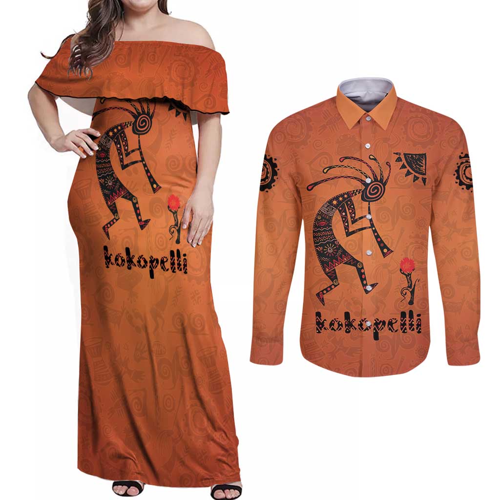 Kokopelli Tribal Couples Matching Off Shoulder Maxi Dress and Long Sleeve Button Shirt Native American Southwestern Petroglyph Patterns Sunset Landscape - Wonder Print Shop