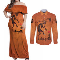 Kokopelli Tribal Couples Matching Off Shoulder Maxi Dress and Long Sleeve Button Shirt Native American Southwestern Petroglyph Patterns Sunset Landscape - Wonder Print Shop