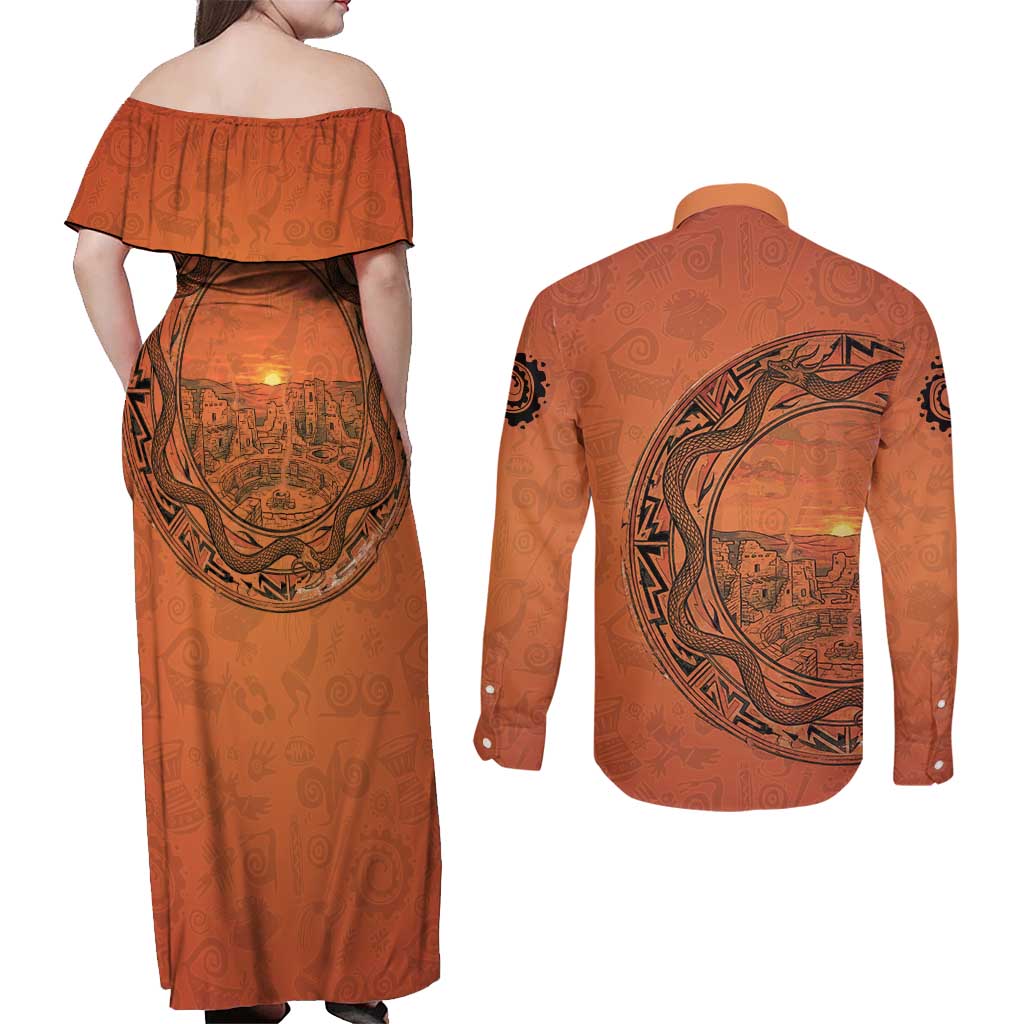 Kokopelli Tribal Couples Matching Off Shoulder Maxi Dress and Long Sleeve Button Shirt Native American Southwestern Petroglyph Patterns Sunset Landscape - Wonder Print Shop