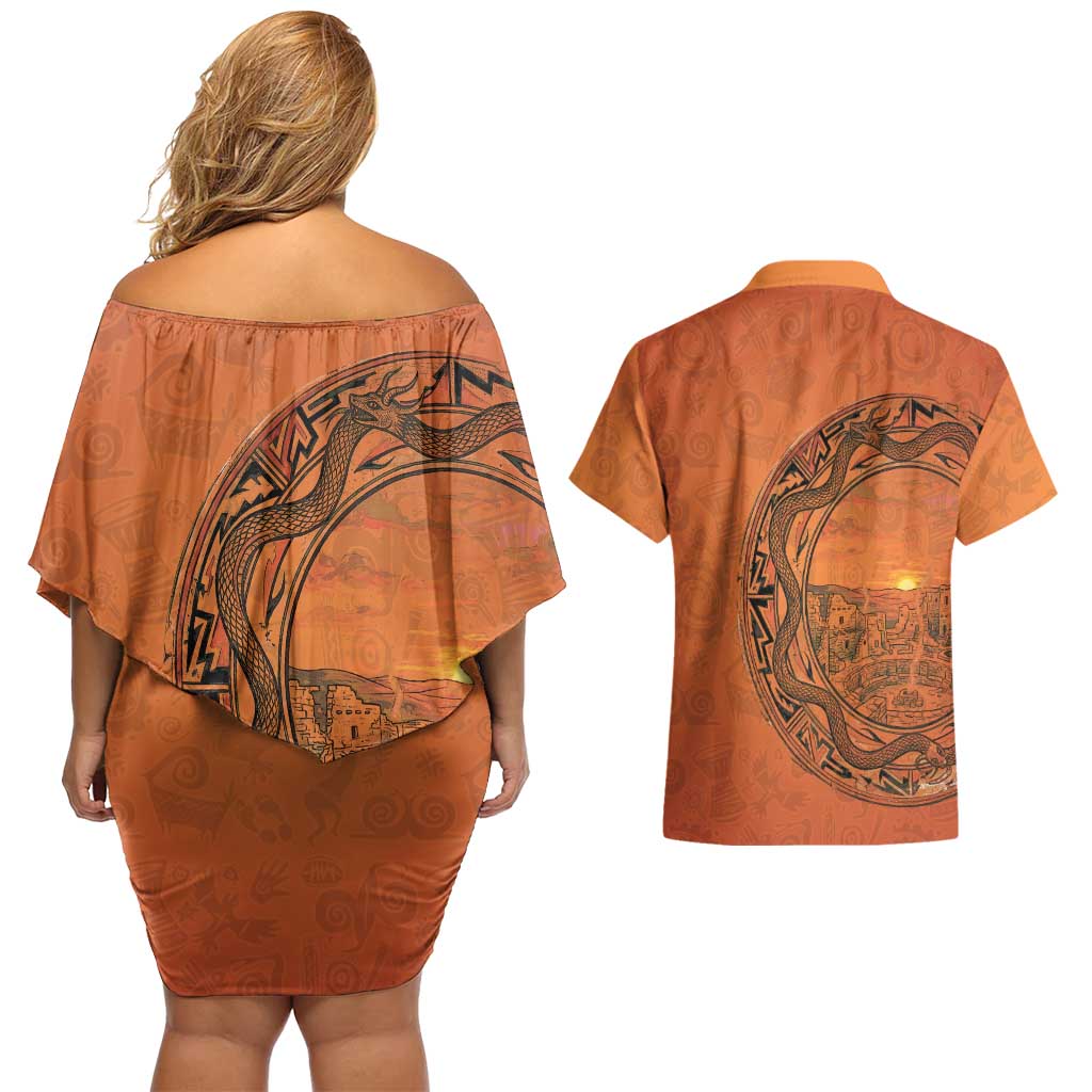 Kokopelli Tribal Couples Matching Off Shoulder Short Dress and Hawaiian Shirt Native American Southwestern Petroglyph Patterns Sunset Landscape - Wonder Print Shop