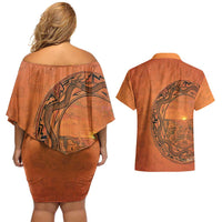 Kokopelli Tribal Couples Matching Off Shoulder Short Dress and Hawaiian Shirt Native American Southwestern Petroglyph Patterns Sunset Landscape - Wonder Print Shop